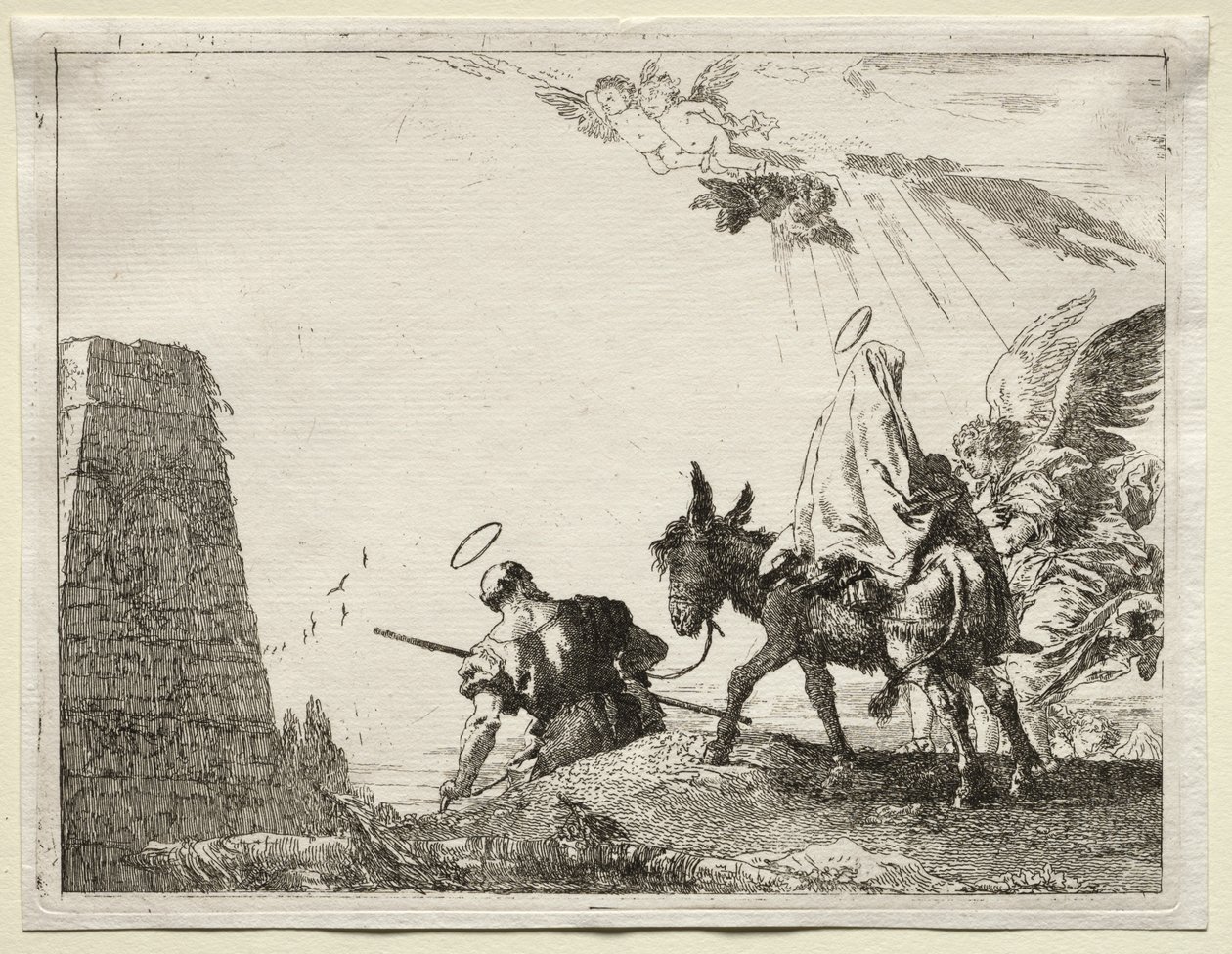 Flyg till Egypten: Den heliga familjen passerar nära en pyramid av Giovanni Domenico Tiepolo