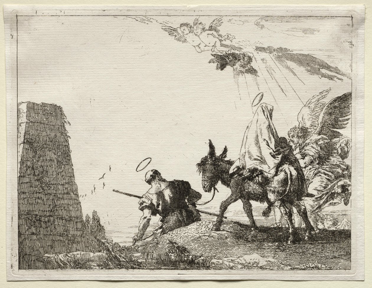 Flyg till Egypten: Den heliga familjen passerar nära en pyramid. av Giovanni Domenico Tiepolo