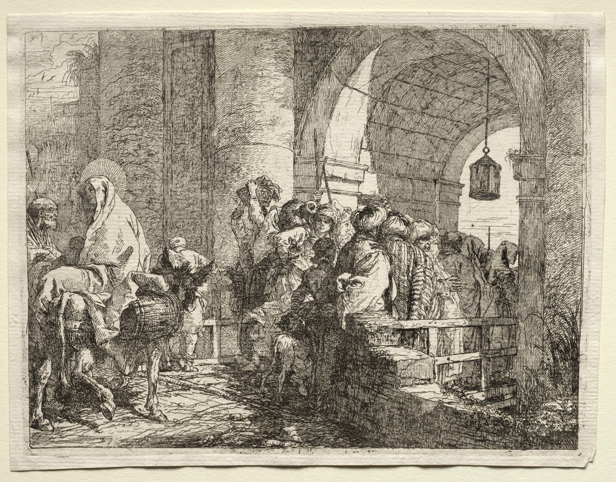 Flyg till Egypten: Den heliga familjen passerar under en båge. av Giovanni Domenico Tiepolo