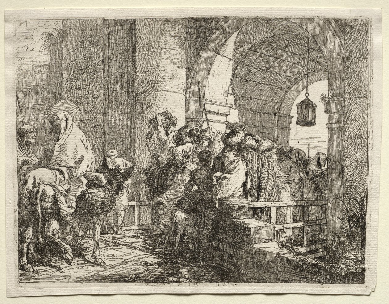 Flyg till Egypten: Den heliga familjen passerar under en båge av Giovanni Domenico Tiepolo