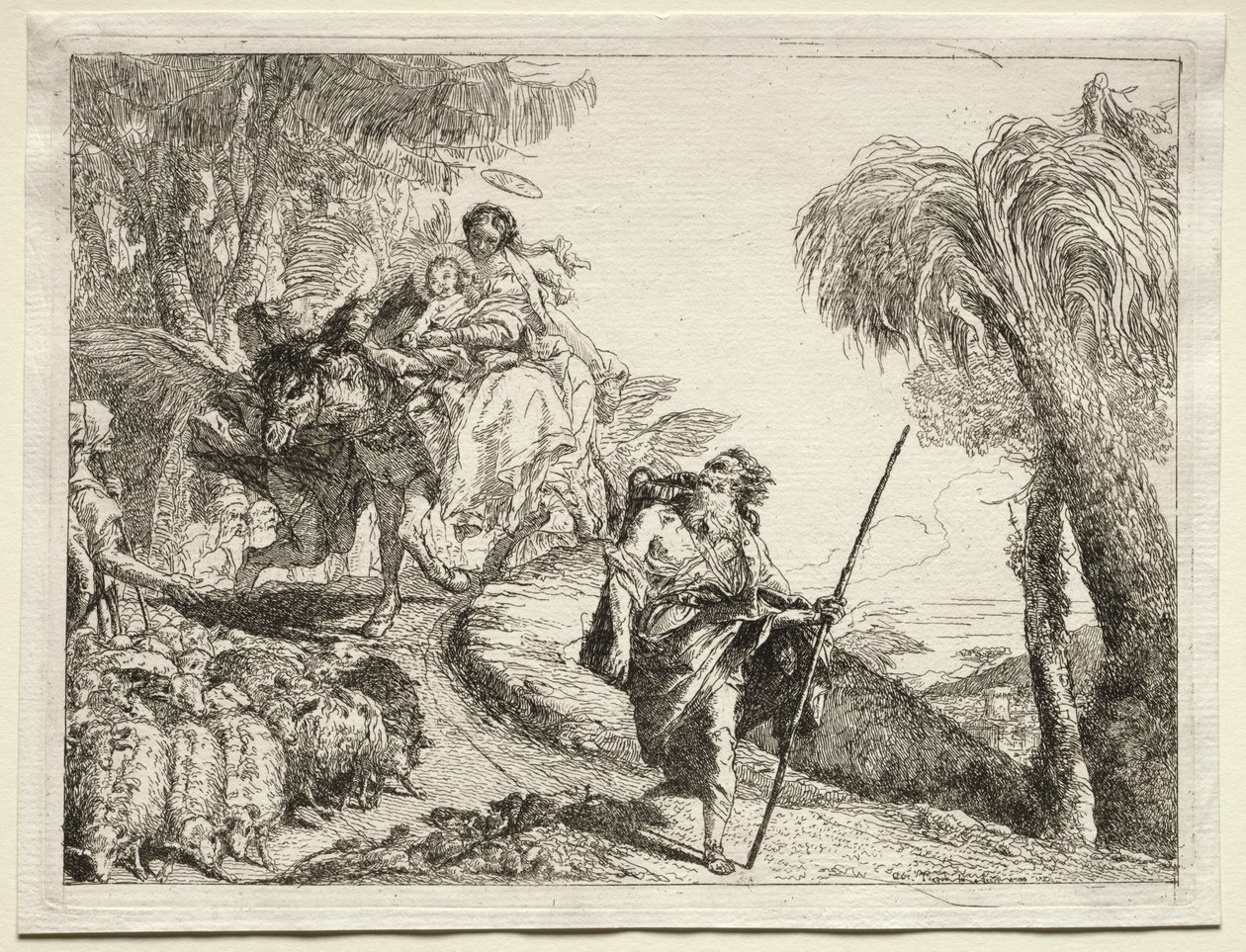 Flyg till Egypten: Den heliga familjen och fårhjorden av Giovanni Domenico Tiepolo