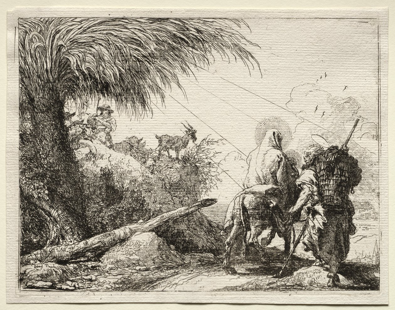 Flyg till Egypten: Den heliga familjen och palmträdet av Giovanni Domenico Tiepolo