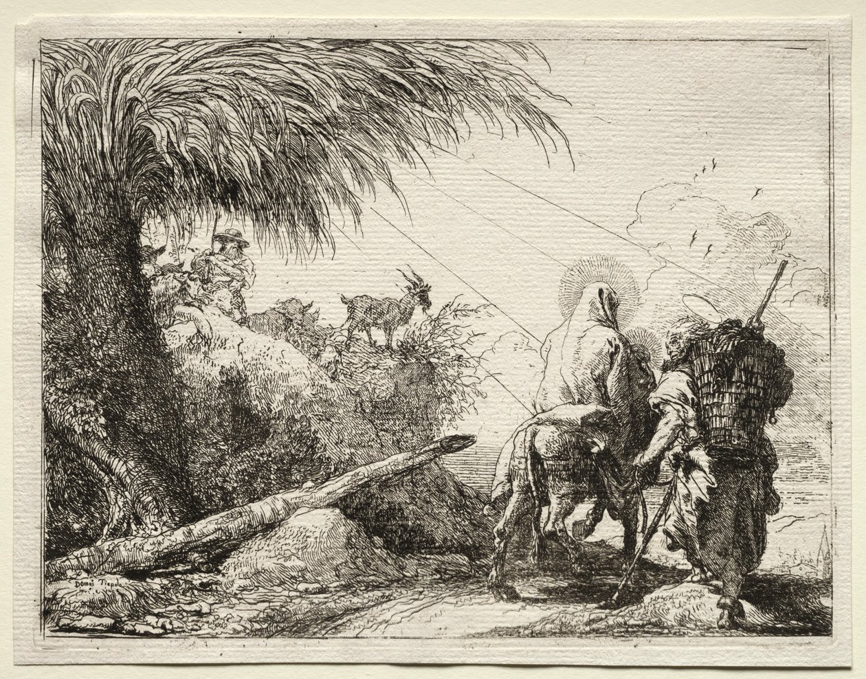 Flyg till Egypten: Den heliga familjen och palmträdet. av Giovanni Domenico Tiepolo