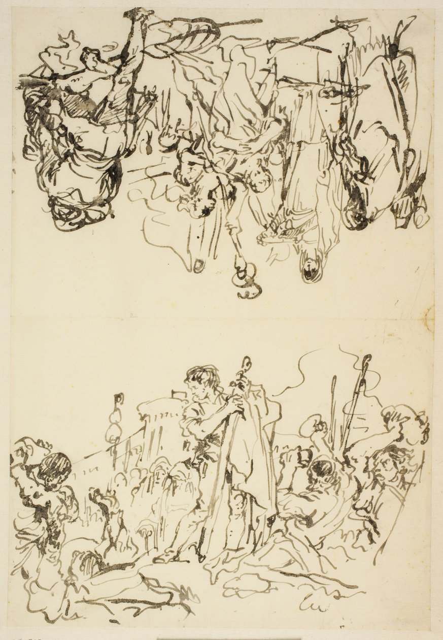 Vikt ark med "The martyrdom of St Stephen and Agrippina landing in Brindisi with the ashes of Germanicus" av Giovanni Domenico Tiepolo