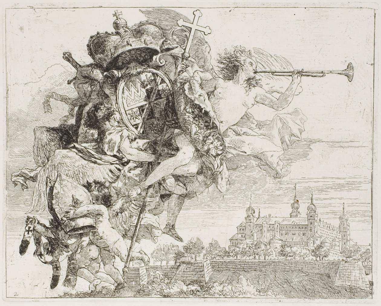 Frontispice: The Arms of Carl Philipp von Greiffenklau Burred Aloft by an Angel, from the Flight into Egypt av Giovanni Domenico Tiepolo