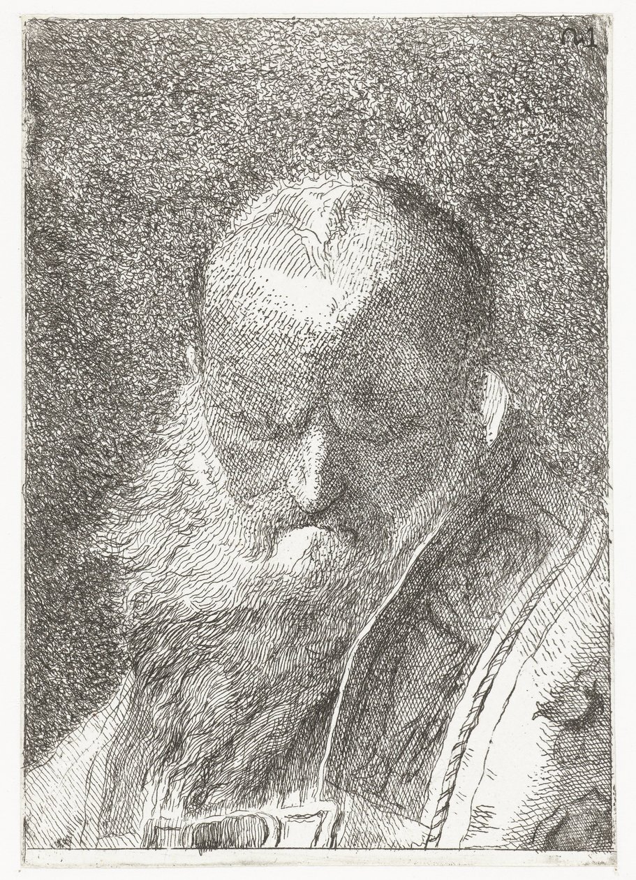 Präst med flintskallig huvud i kapsel Samling av huvuden (serietitel) Raccolta di Teste (serietitel) av Giovanni Domenico Tiepolo