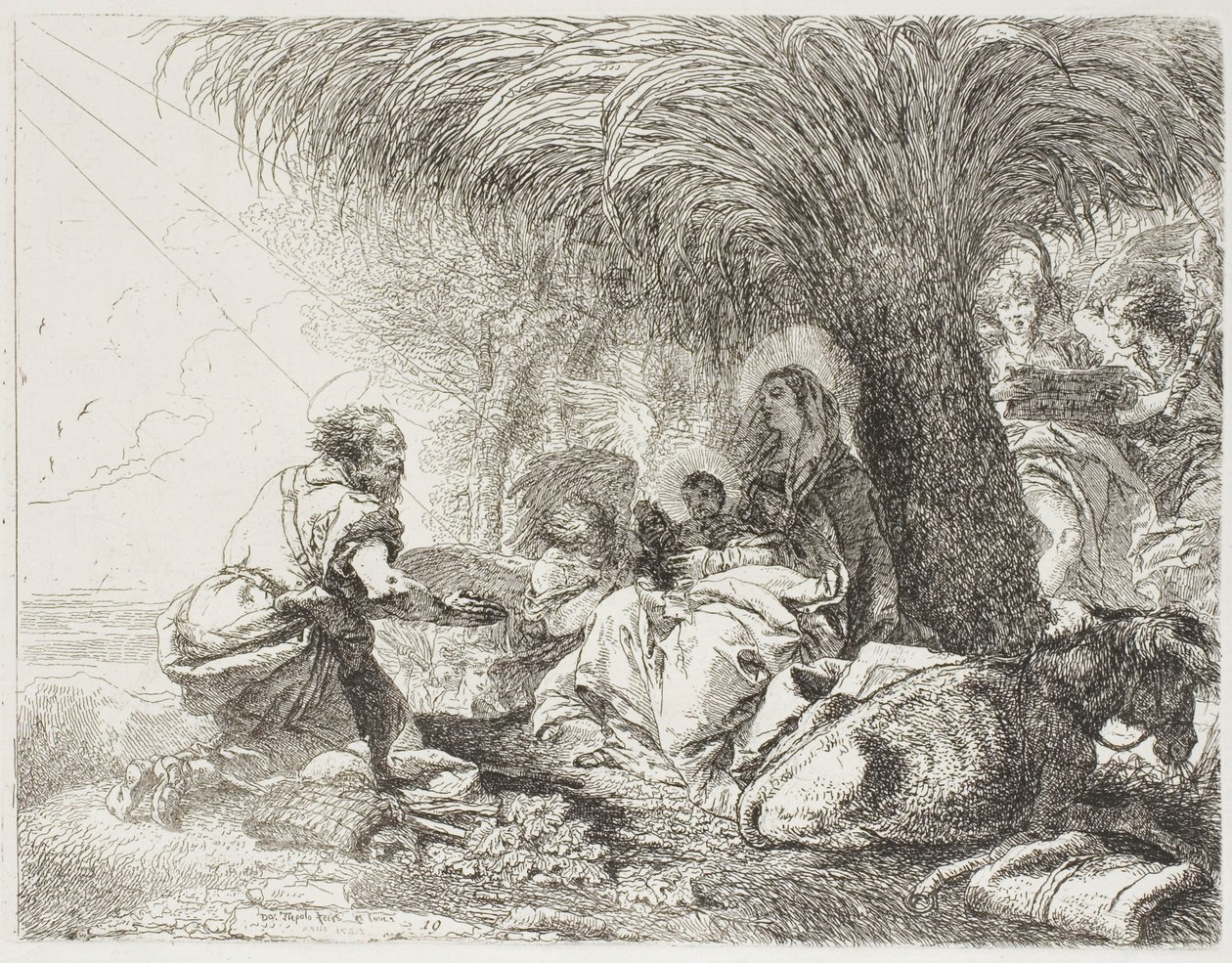 Joseph Adoring the Child While Two Angels Sing, skylt nitton från The Flight into Egypt av Giovanni Domenico Tiepolo