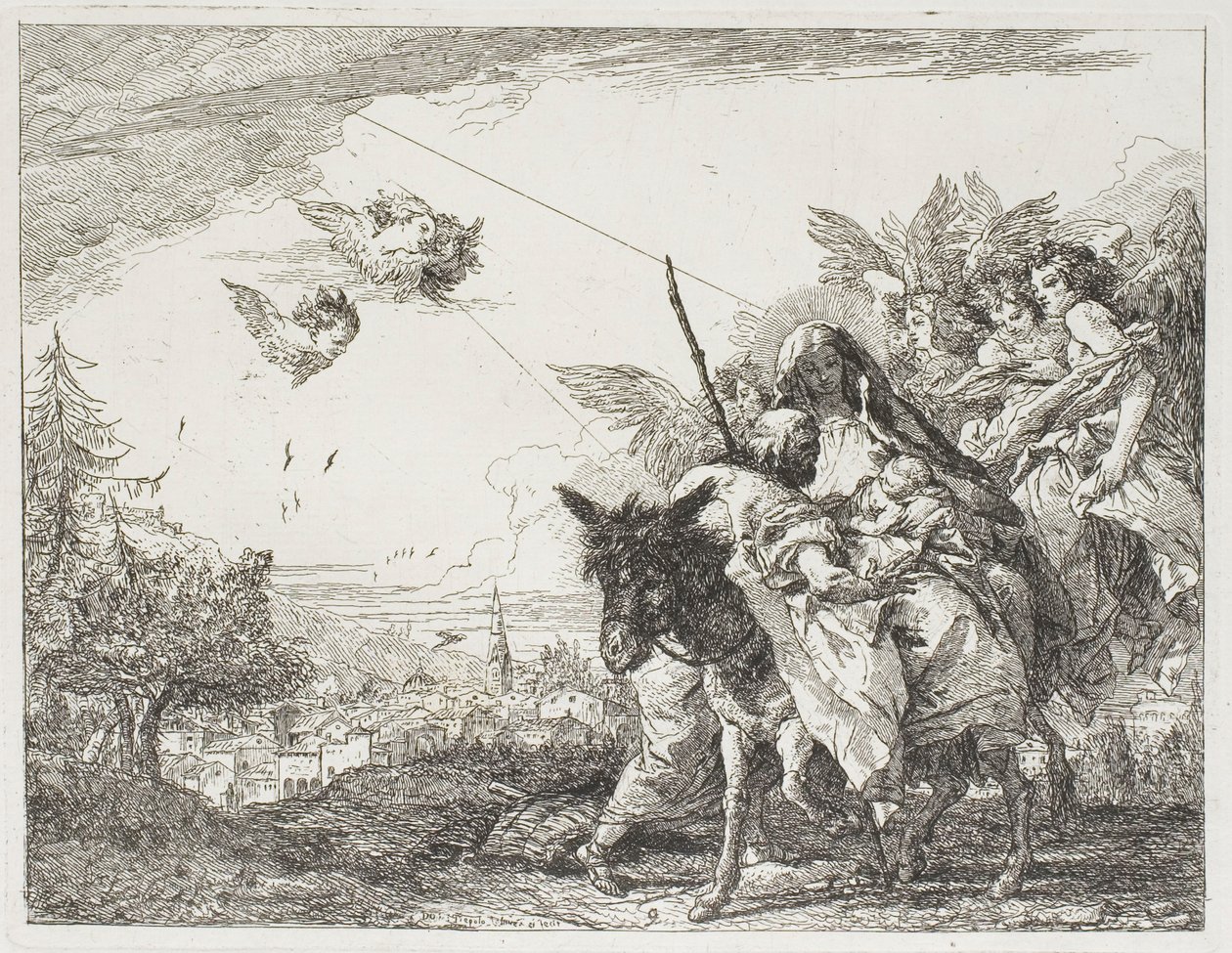 Josef beundrar barnet som hålls i Marias famn, plansch nio från Flykten till Egypten av Giovanni Domenico Tiepolo