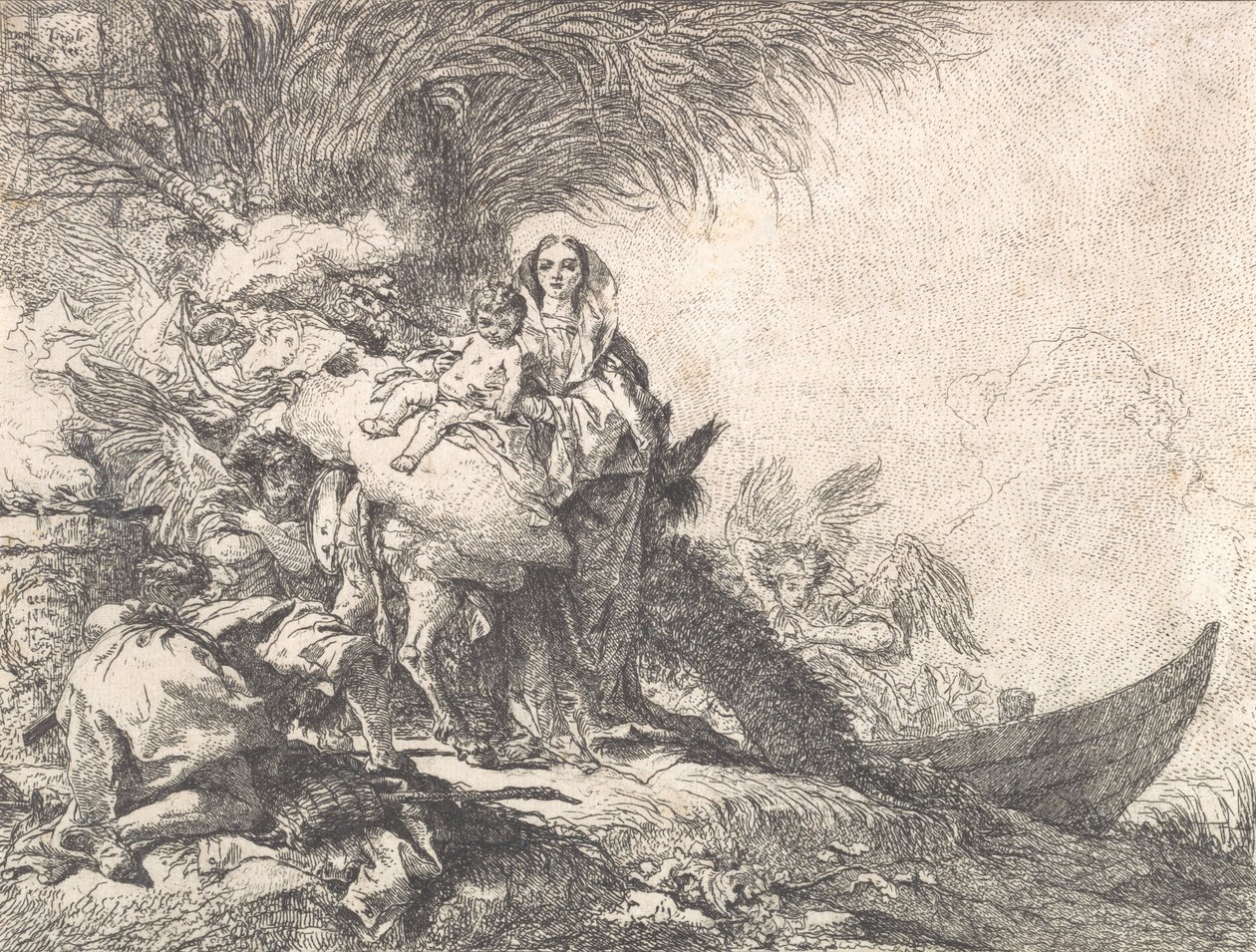 Joseph Adoring the Christ Child nära ett rykande altare, från flykten till Egypten, 1752. av Giovanni Domenico Tiepolo