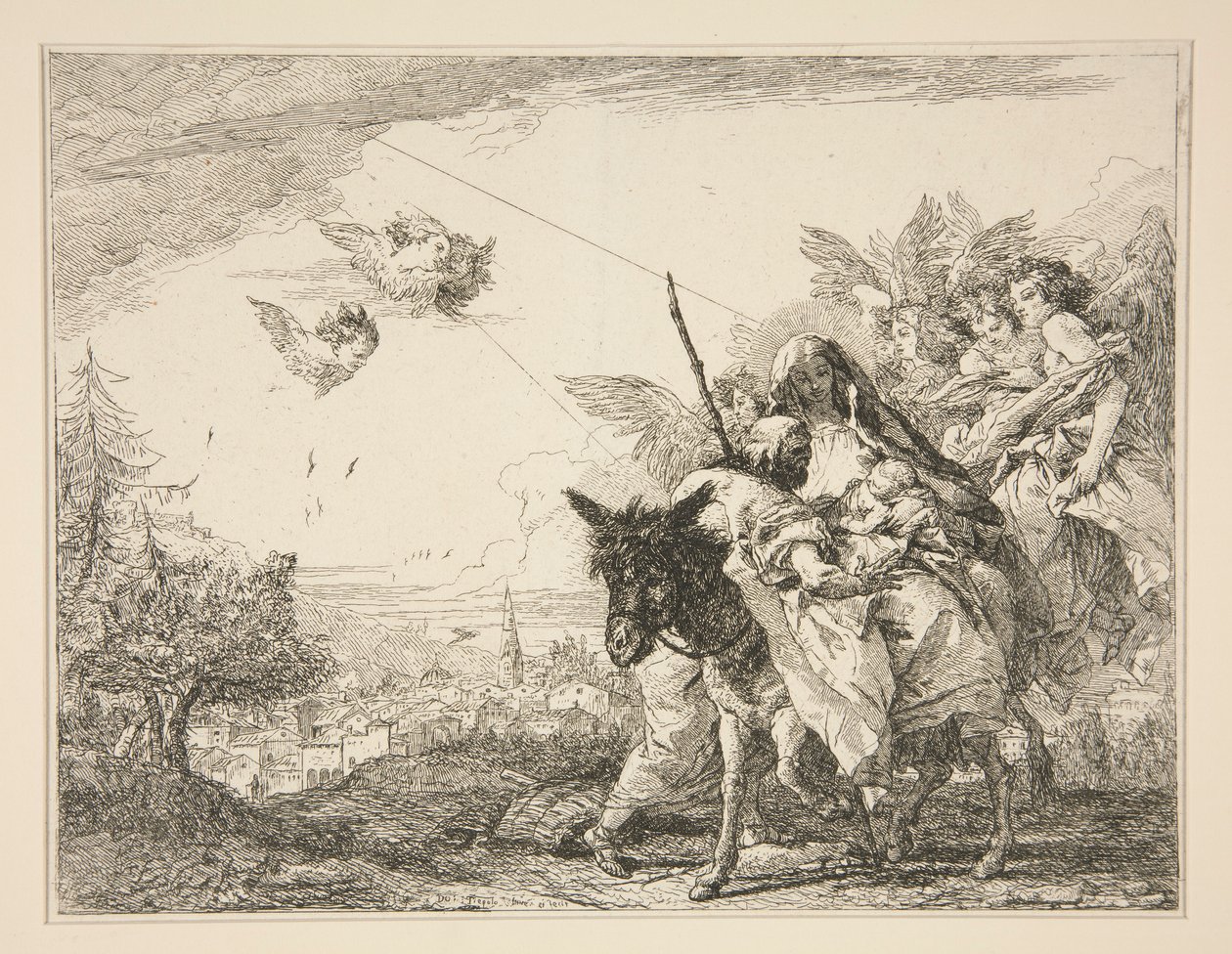 Joseph Contemplates the Infant Jesus, från serien Picturesque Ideas over the Flight into Egypt (Flight into Egypt) av Giovanni Domenico Tiepolo