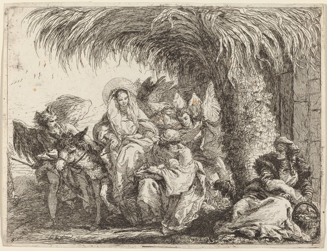 Joseph knäböjer med barnet inför Maria på åsnan av Giovanni Domenico Tiepolo