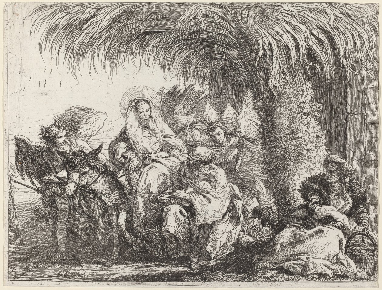 Joseph knäböjer med barnet inför Maria på åsnan av Giovanni Domenico Tiepolo