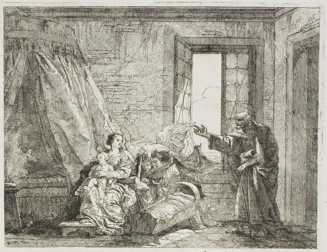 Joseph berättar för Mary om deras kommande avgång, skylt fyra från The Flight into Egypt av Giovanni Domenico Tiepolo