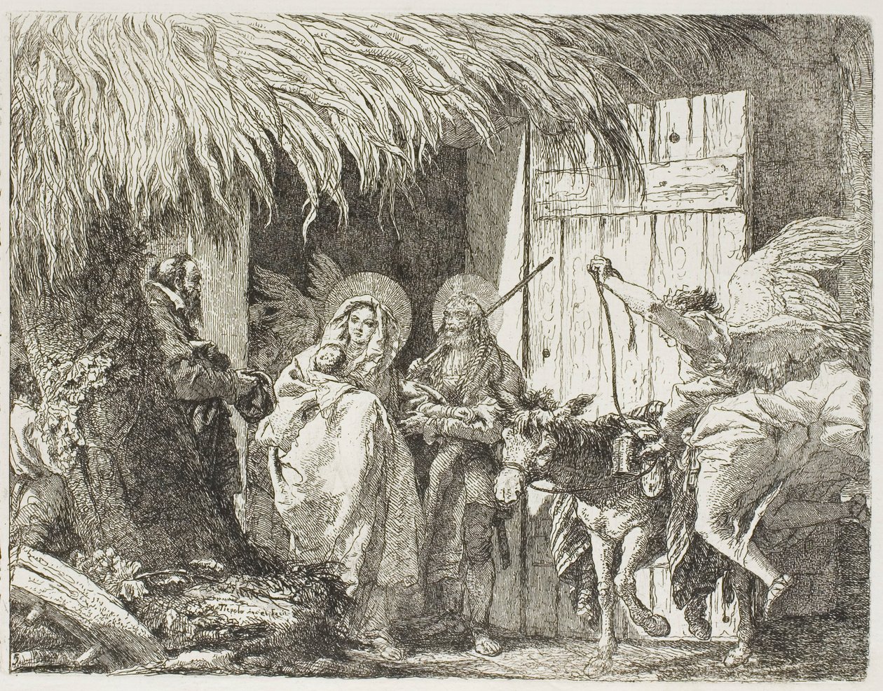 Joseph och Mary söker skydd, tallrik fem från The Flight into Egypt av Giovanni Domenico Tiepolo