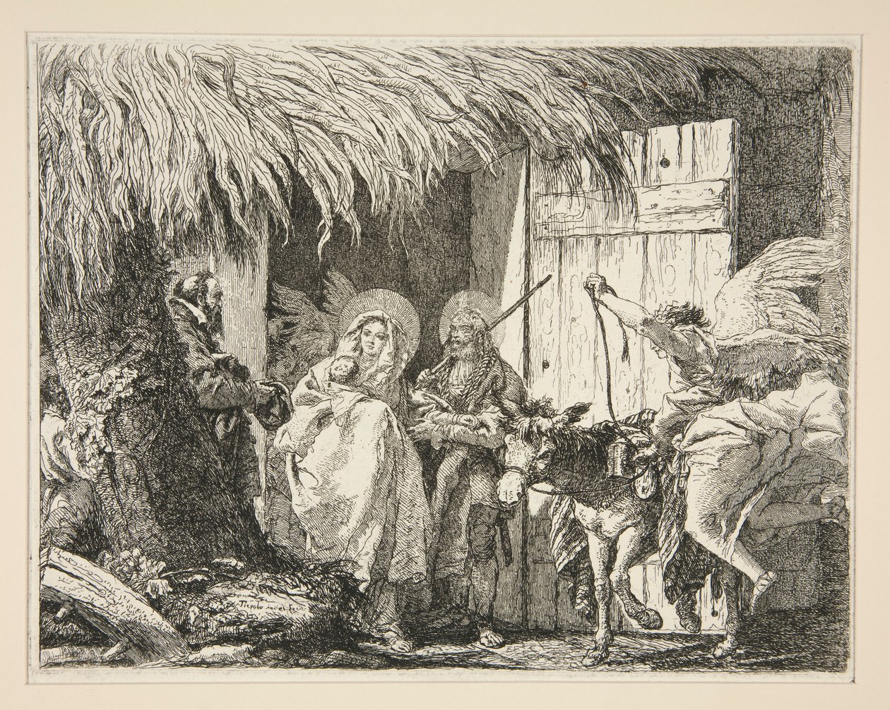 Josef och Maria framför ett hus, från serien Idee pittoresche sopra la fuga in Egitto (Flight into Egypt) av Giovanni Domenico Tiepolo
