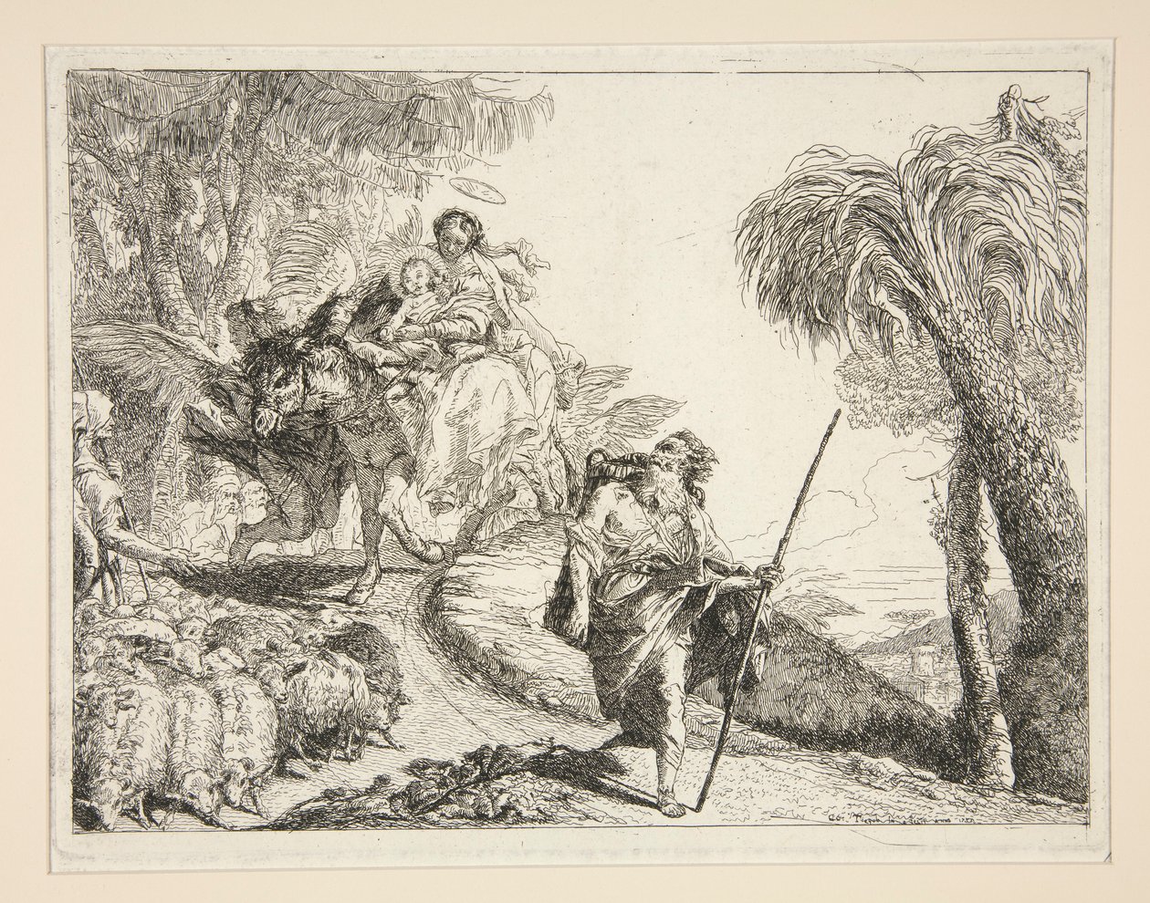 Josef med jungfrun och barnet, från serien Idee pittoresche sopra la fuga in Egitto (Flight into Egypt) av Giovanni Domenico Tiepolo