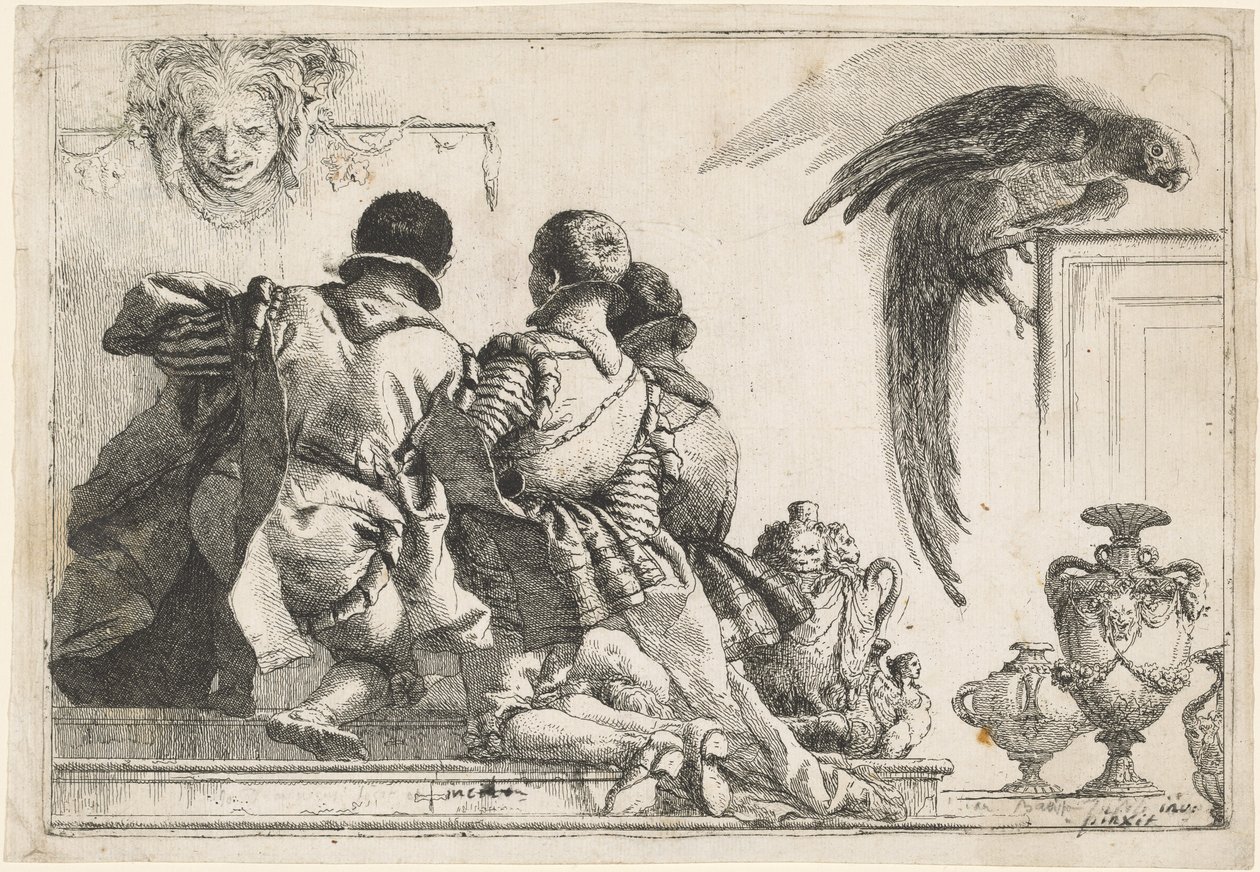 Knästående sidor, en mask och en papegoja av Giovanni Domenico Tiepolo