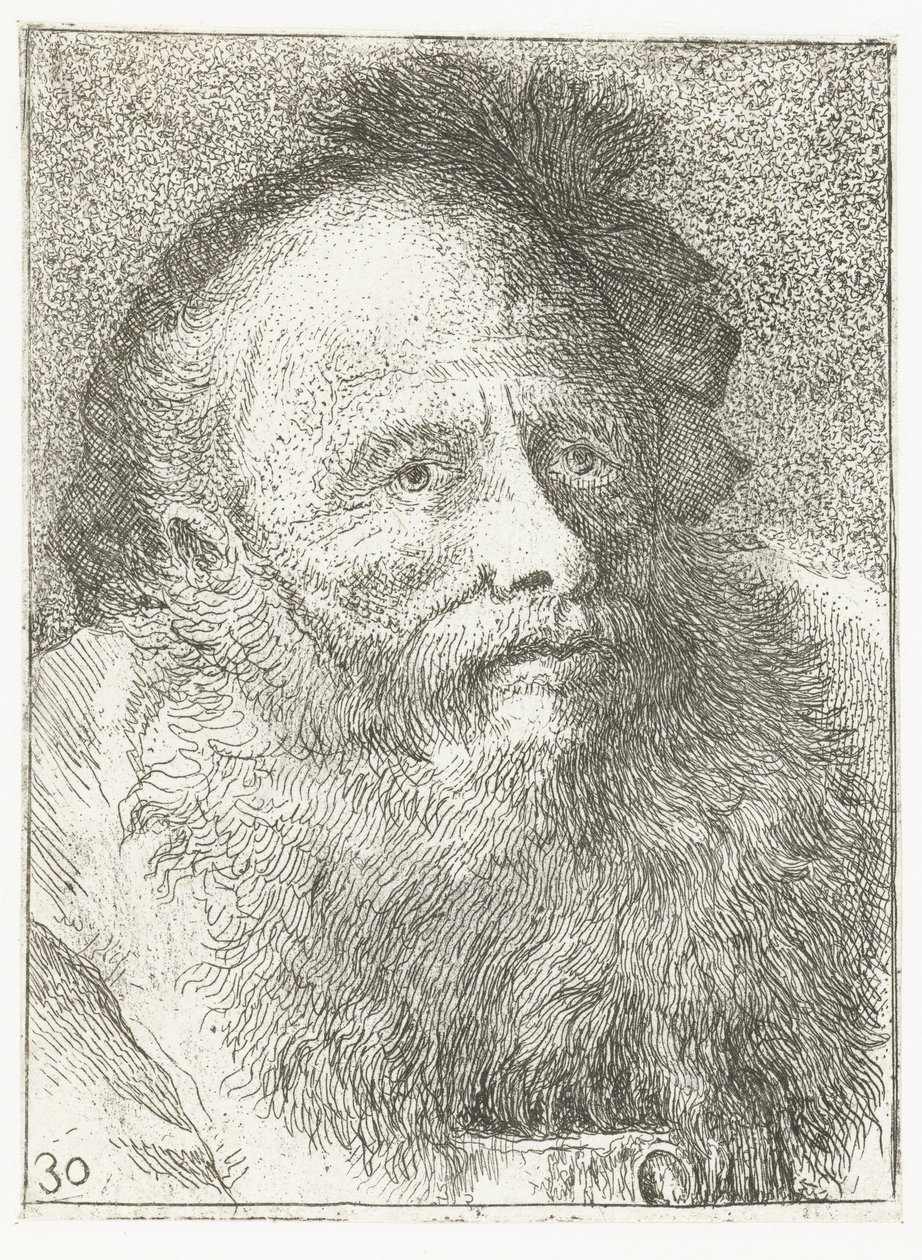 Man med skägg och huvudbonader med fjäder Samling av huvuden (serietitel) Raccolta di Teste (serietitel) av Giovanni Domenico Tiepolo