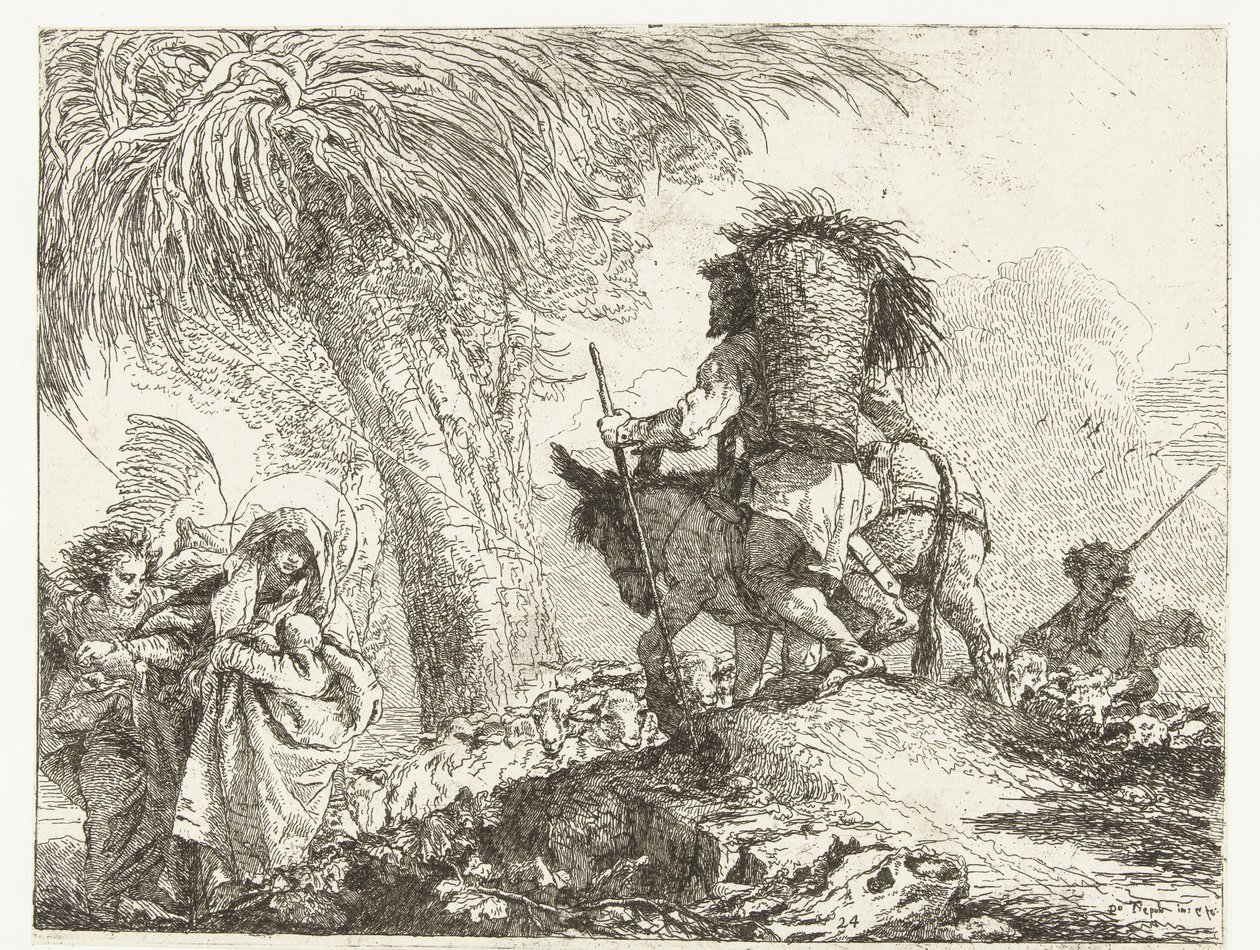 Maria med barn understödd av ängel och Josef leder åsnan förbi herde med får Flyg till Egypten (serietitel) Idé pittoreska sopra la fugga i Egitto (serietitel) av Giovanni Domenico Tiepolo
