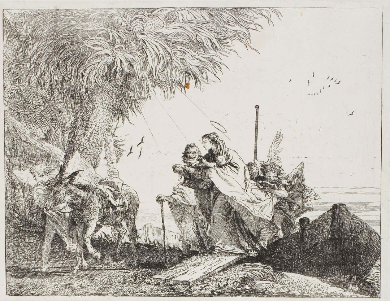 Mary, hjälpt av Josef och en ängel, kliver ut ur båten, tallrik arton från The Flight into Egypt av Giovanni Domenico Tiepolo