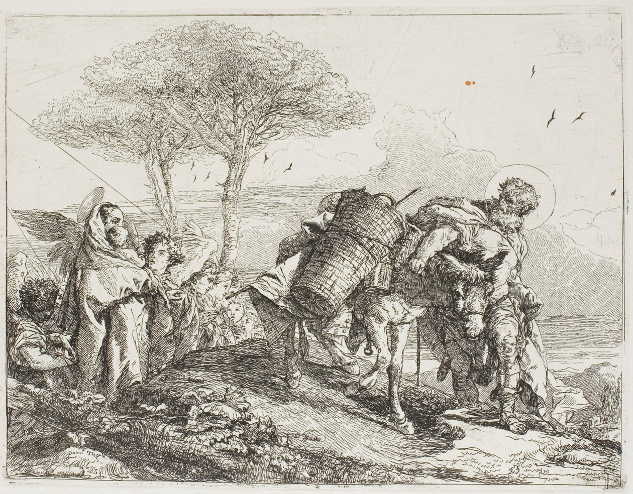 Mary, hjälpt av två änglar, följer Josef med åsnan, skylt 25 från The Flight into Egypt av Giovanni Domenico Tiepolo
