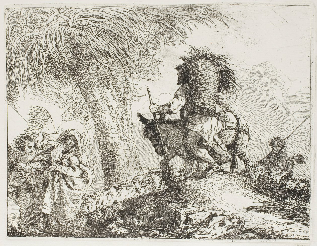 Maria, hjälpt av en ängel, och Josef som bär korgen, passerar en flock, skylt 24 från The Flight into Egypt av Giovanni Domenico Tiepolo