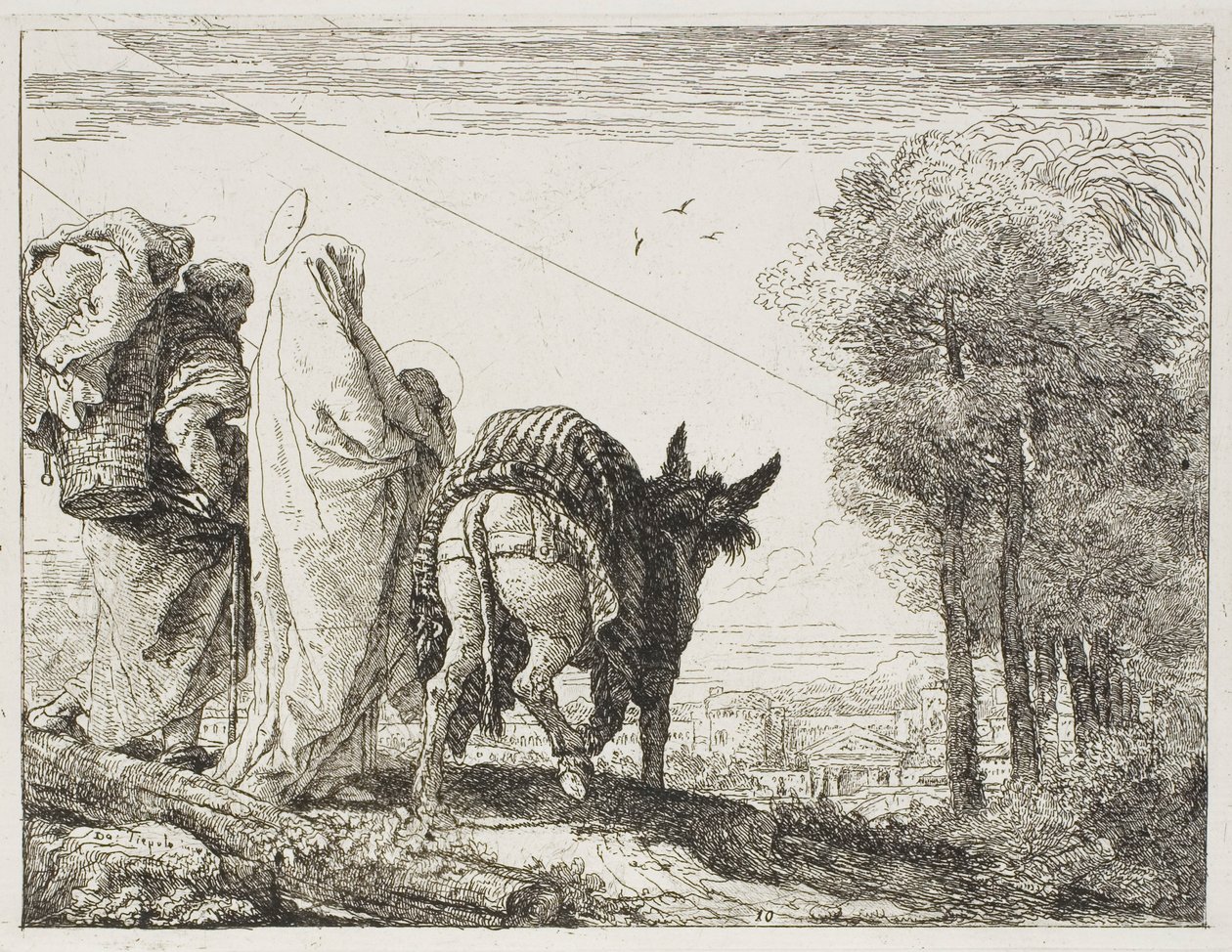 Maria håller barnet i famnen och Josef med korgen, tallrik tio från Flygningen till Egypten av Giovanni Domenico Tiepolo