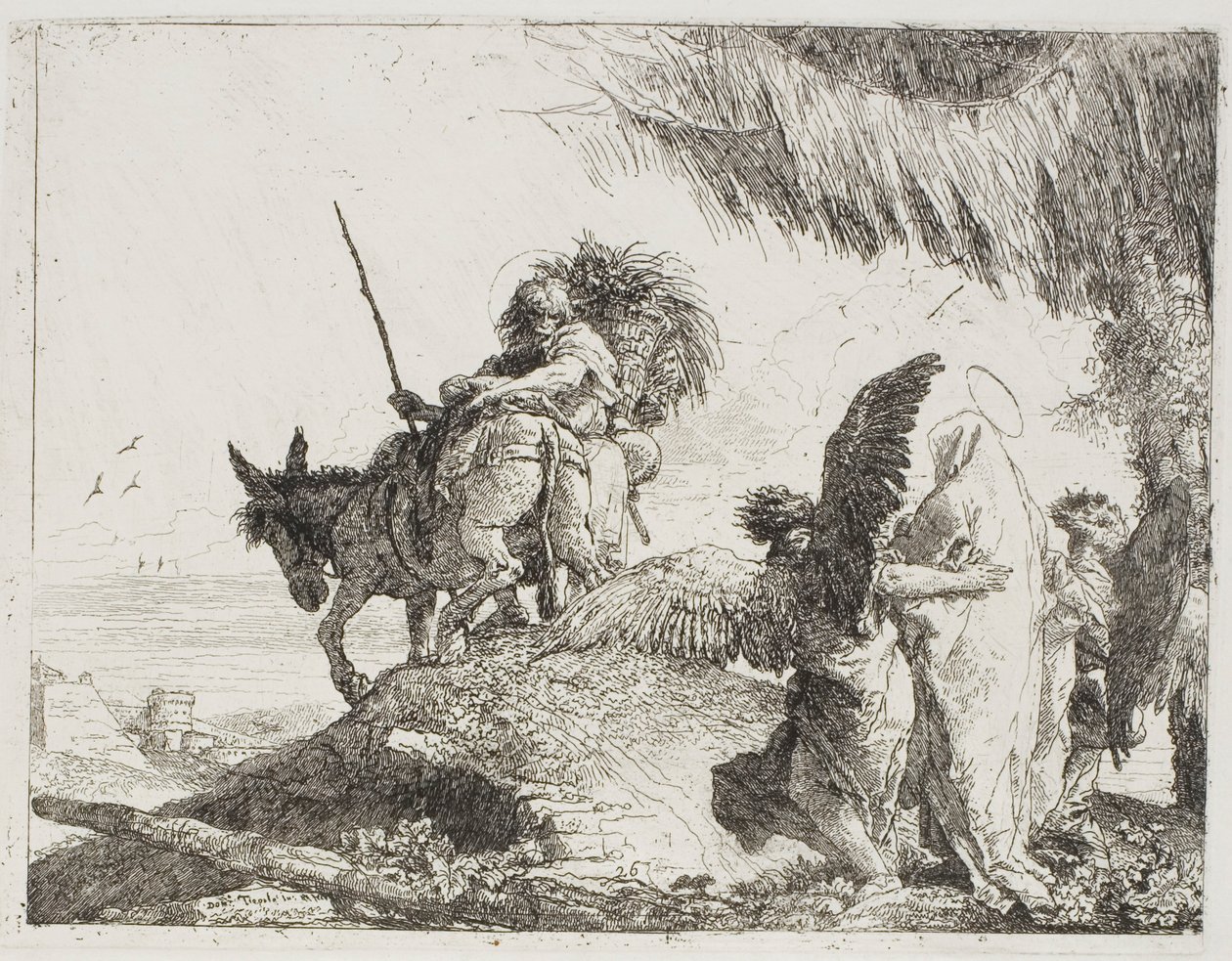 Mary, med stöd av två änglar, följer Joseph, skylt 26 från The Flight into Egypt av Giovanni Domenico Tiepolo