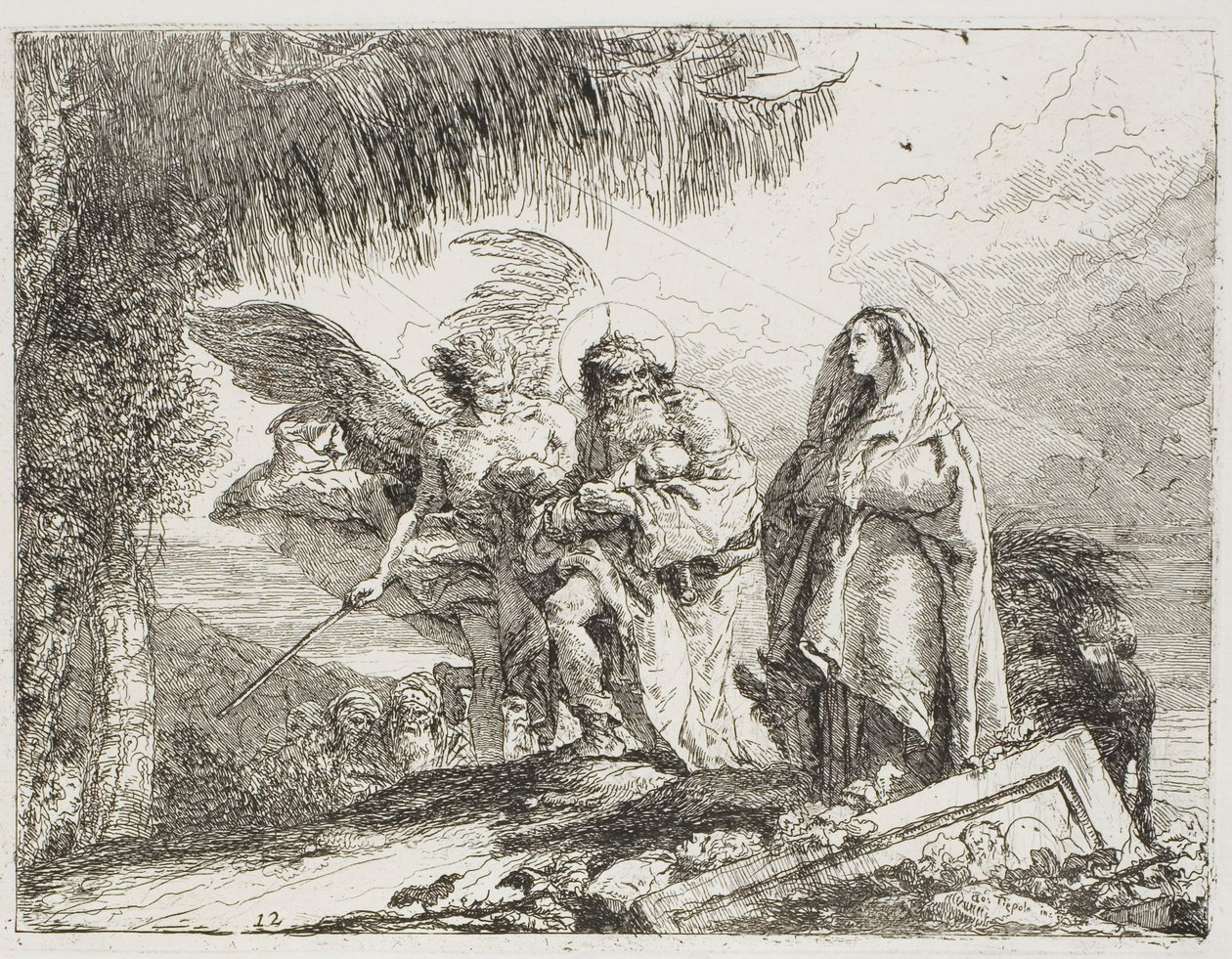 Maria och Josef, som håller barnet, eskorteras av en ängel, tallrik tolv från Flygningen till Egypten av Giovanni Domenico Tiepolo