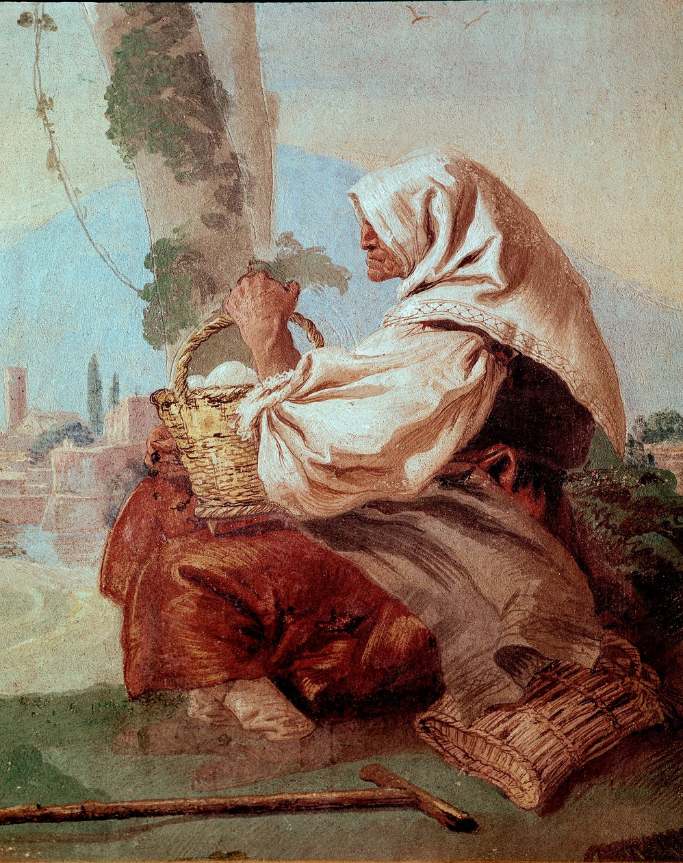 Gammal bondkvinna med en korg med ägg, från "Foresteria" (gästhus) av Giovanni Domenico Tiepolo