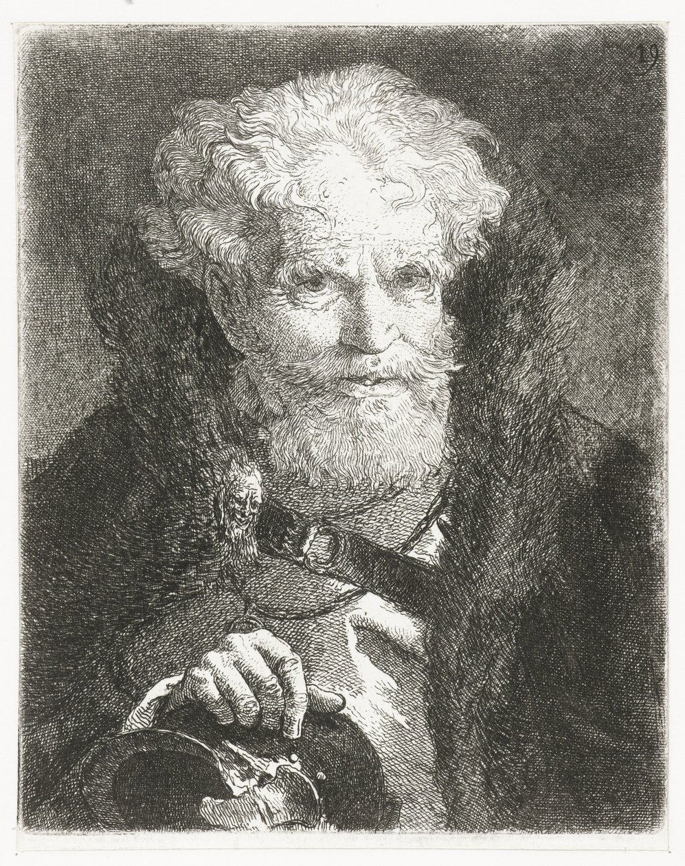 Gammal man i mantel med pälskrage och hjälm Samling av huvuden (serietitel) Raccolta di Teste (serietitel) av Giovanni Domenico Tiepolo