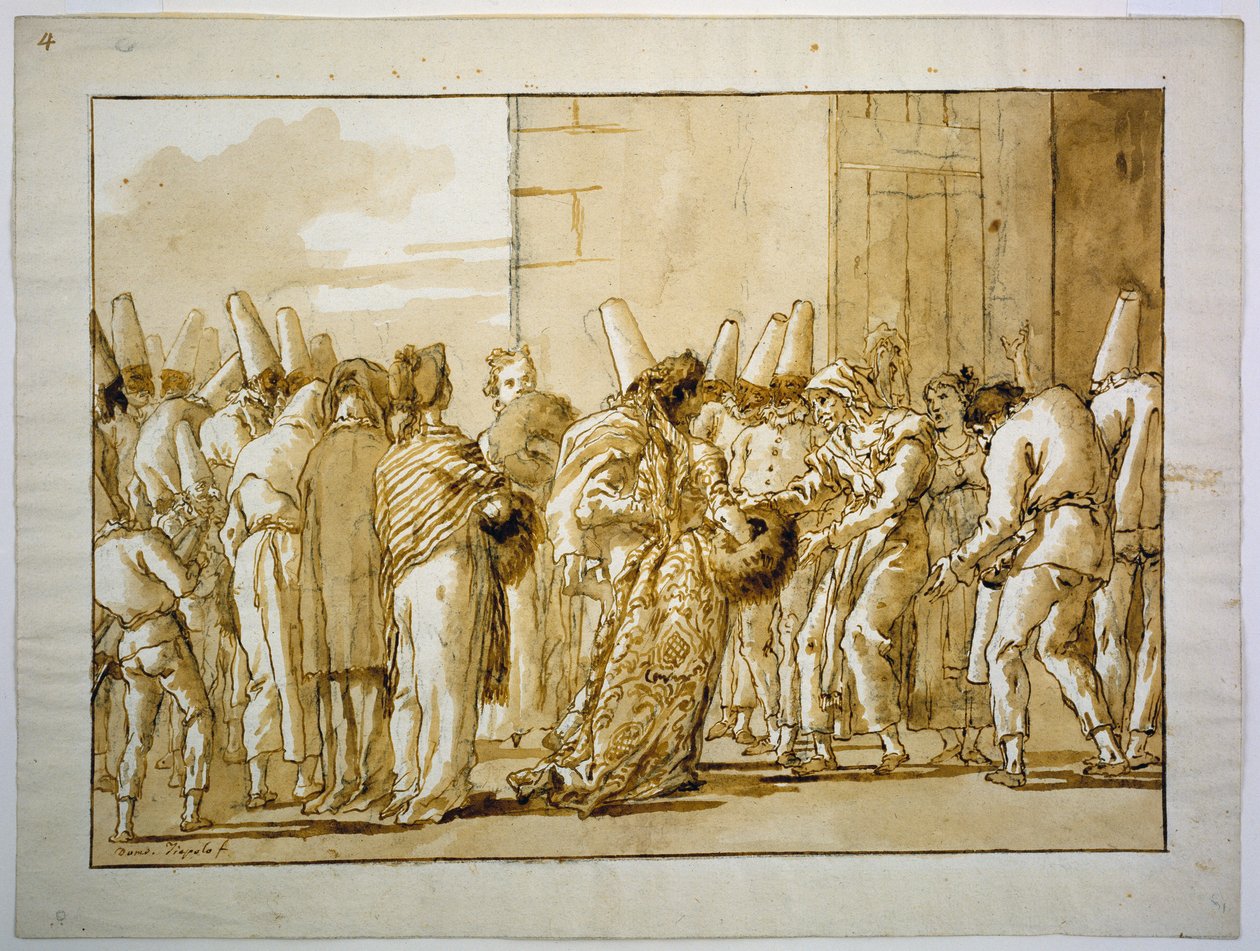 Punchinellas Vater bringt seine Braut nach Hause av Giovanni Domenico Tiepolo