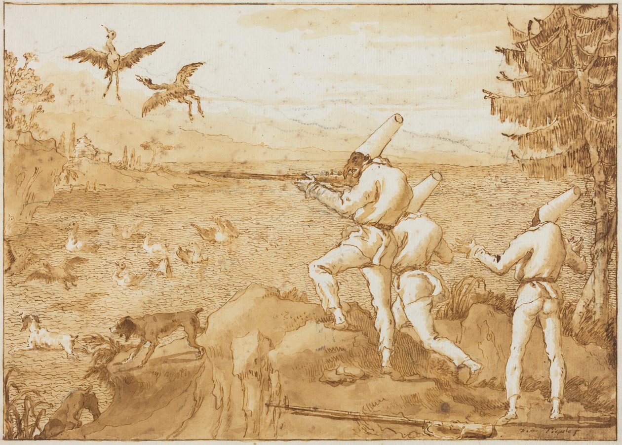 Punchinellor som jagar vattenfåglar av Giovanni Domenico Tiepolo
