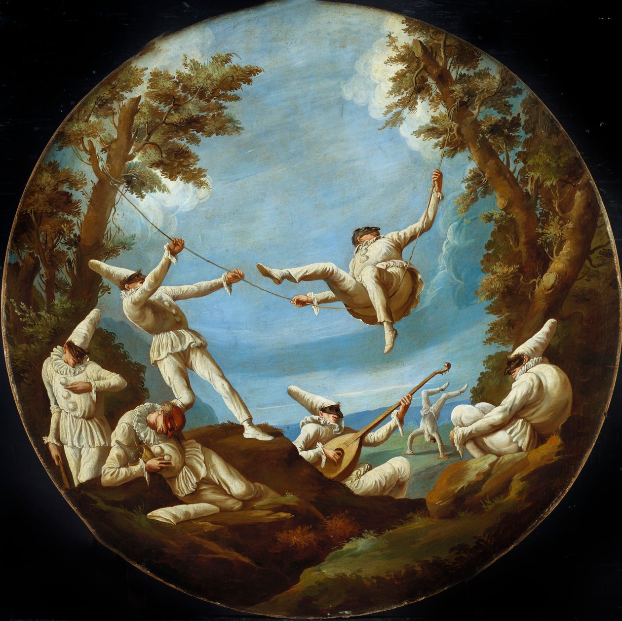 Punchinellos på gungor, gör musik och gör akrobatik i ett landskap av Giovanni Domenico Tiepolo