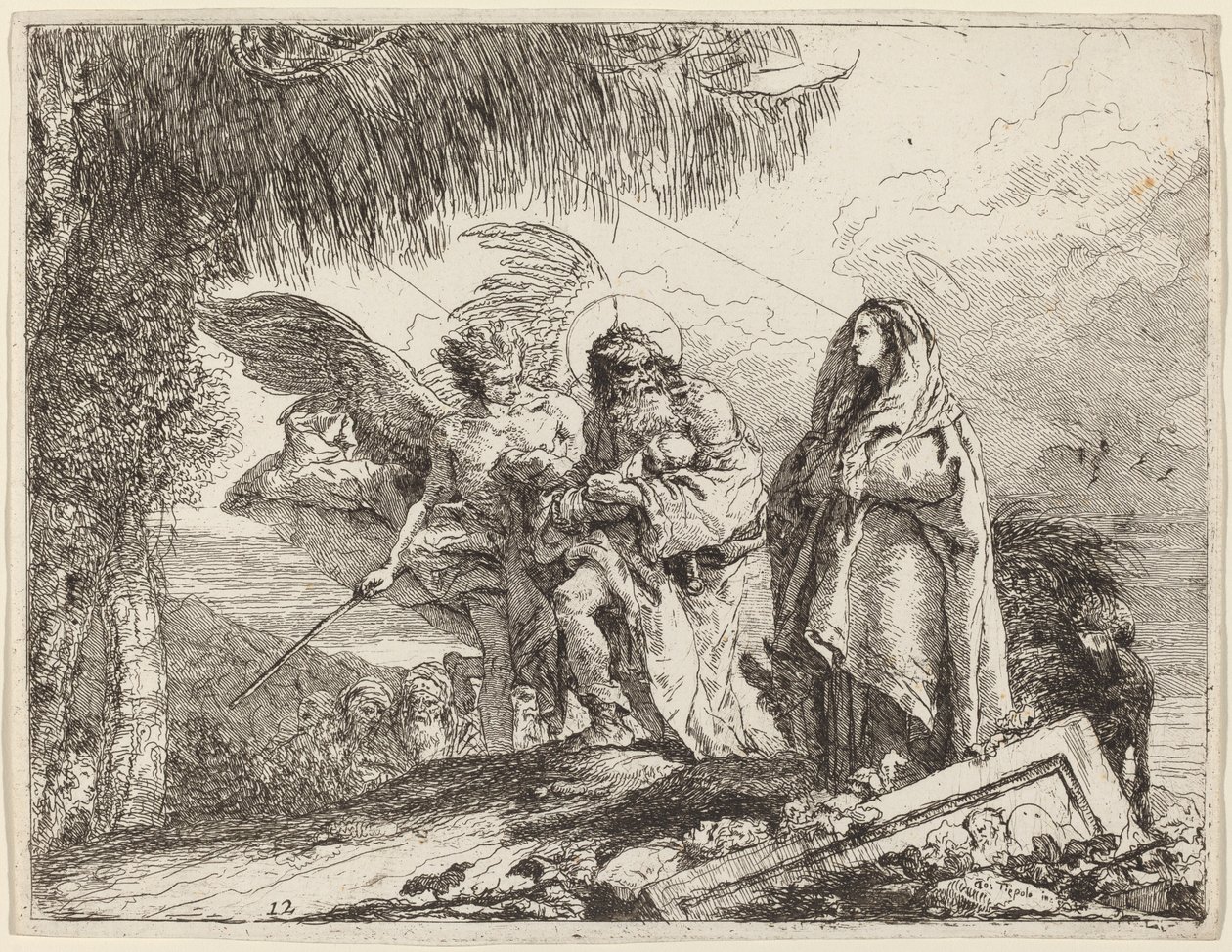 Flygningen, helig familj som går med ängeln av Giovanni Domenico Tiepolo
