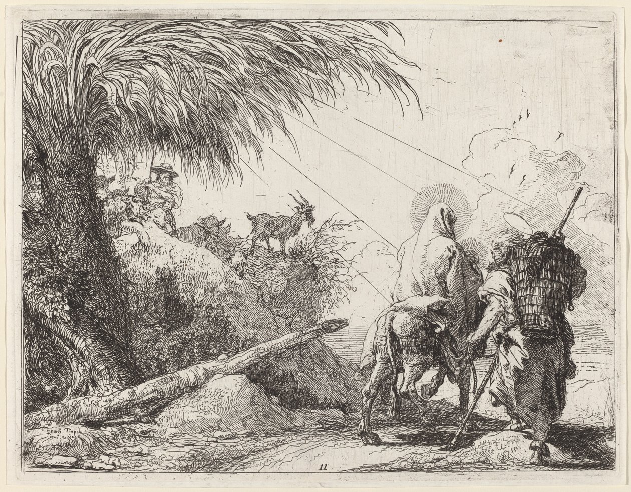 Flygningen, heliga familjen till höger, Joseph ser till vänster av Giovanni Domenico Tiepolo