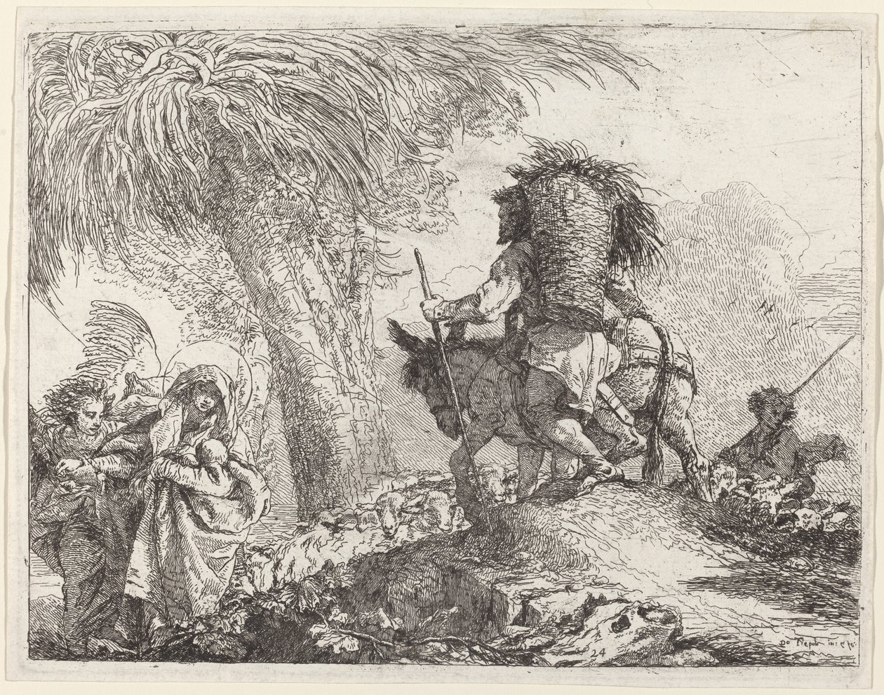 Flygningen, Josef till höger och Maria och ängel till vänster av Giovanni Domenico Tiepolo