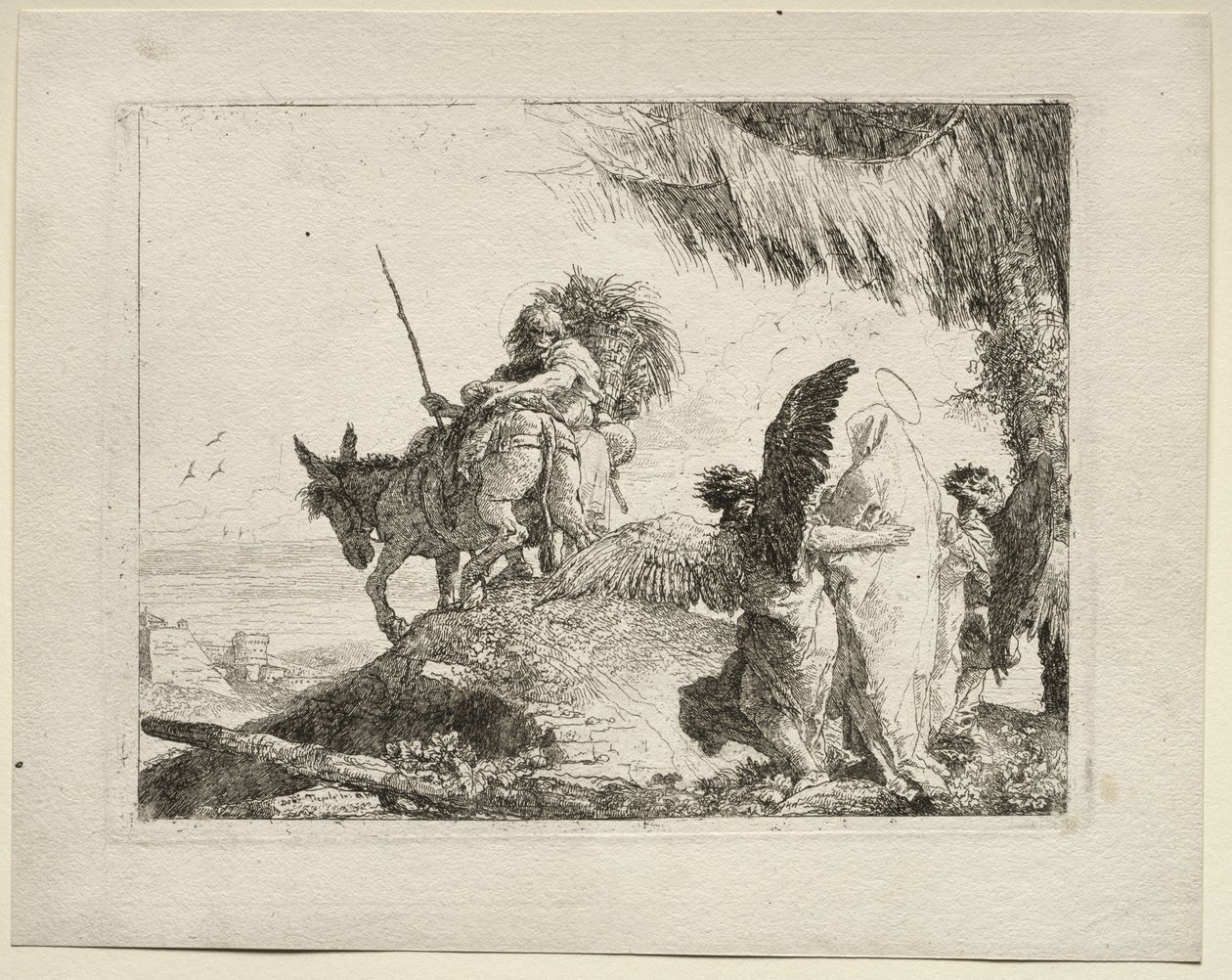 Flygningen till Egypten: Flygningen med Madonnan till höger med stöd av änglar av Giovanni Domenico Tiepolo
