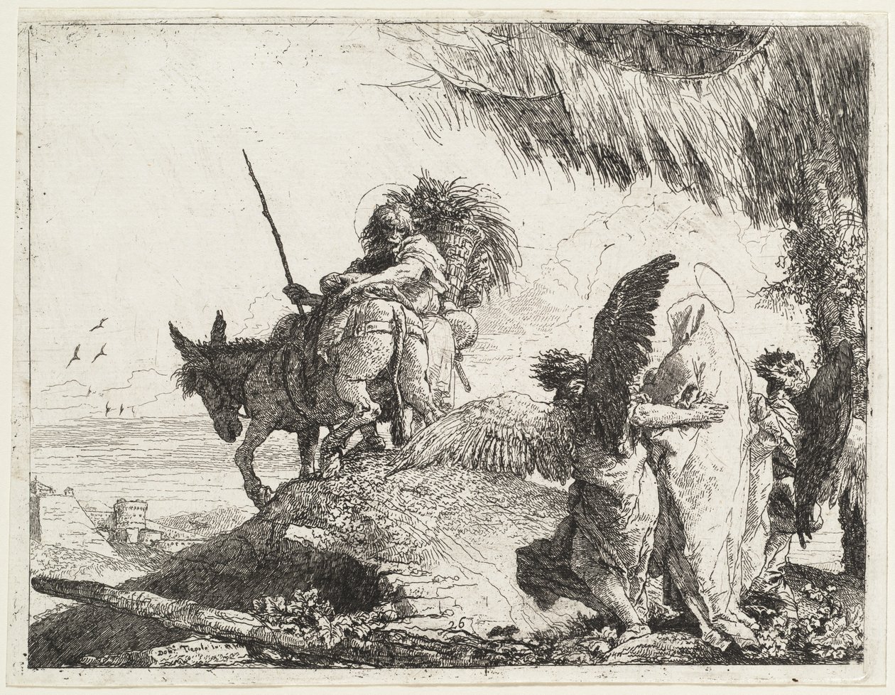Flygningen, med Madonna till höger med stöd av änglar av Giovanni Domenico Tiepolo