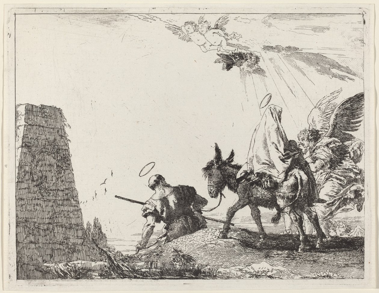Flygningen med obelisken till vänster av Giovanni Domenico Tiepolo