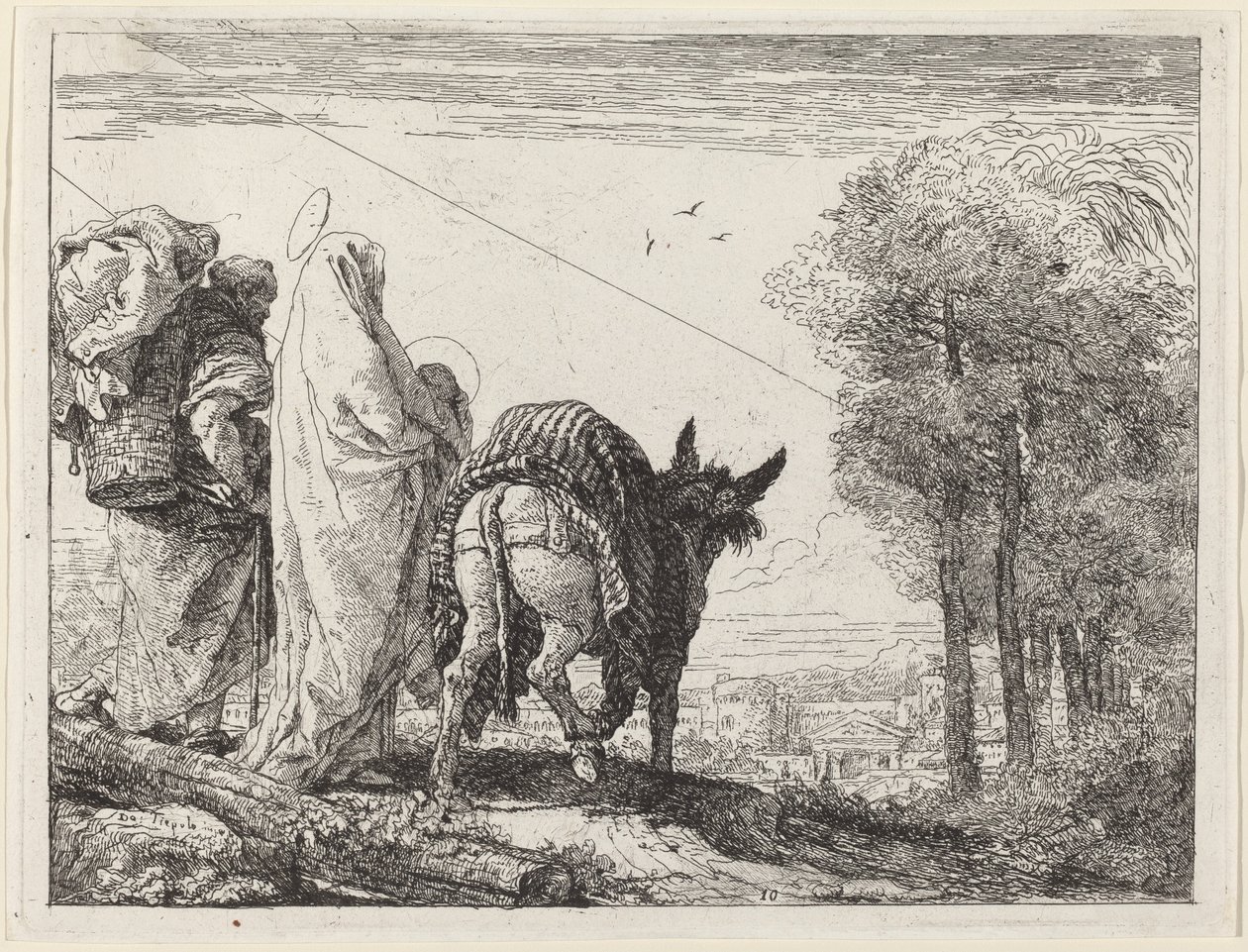 Flygningen med den heliga familjen till vänster av Giovanni Domenico Tiepolo