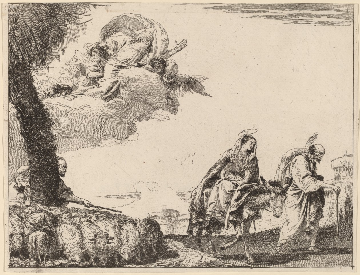 Flygningen med den heliga familjen till höger av Giovanni Domenico Tiepolo