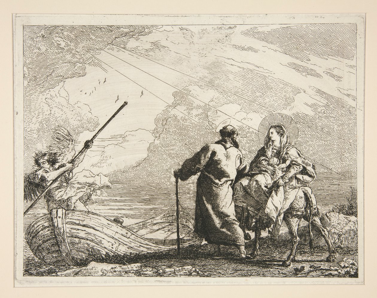The Holy Family Arrives at the Edge of a River, från serien Idee pittoresche sopra la fuga in Egitto (Flight into Egypt) av Giovanni Domenico Tiepolo