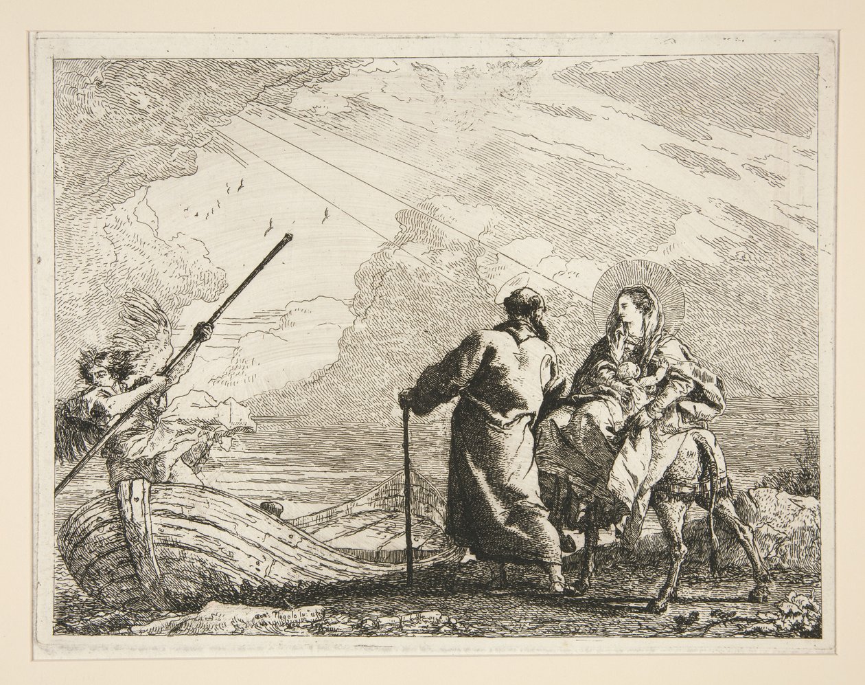 Den heliga familjen anländer till flodstranden, ur serien ”Idee pittoresche sopra la fuga in Egitto” (Flykten till Egypten) av Giovanni Domenico Tiepolo