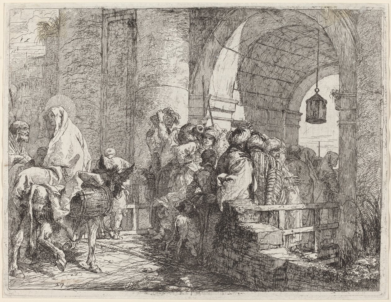 Den heliga familjen anländer till en stadsport av Giovanni Domenico Tiepolo