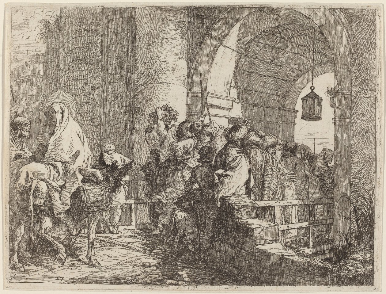 Den heliga familjen anländer till en stadsport av Giovanni Domenico Tiepolo