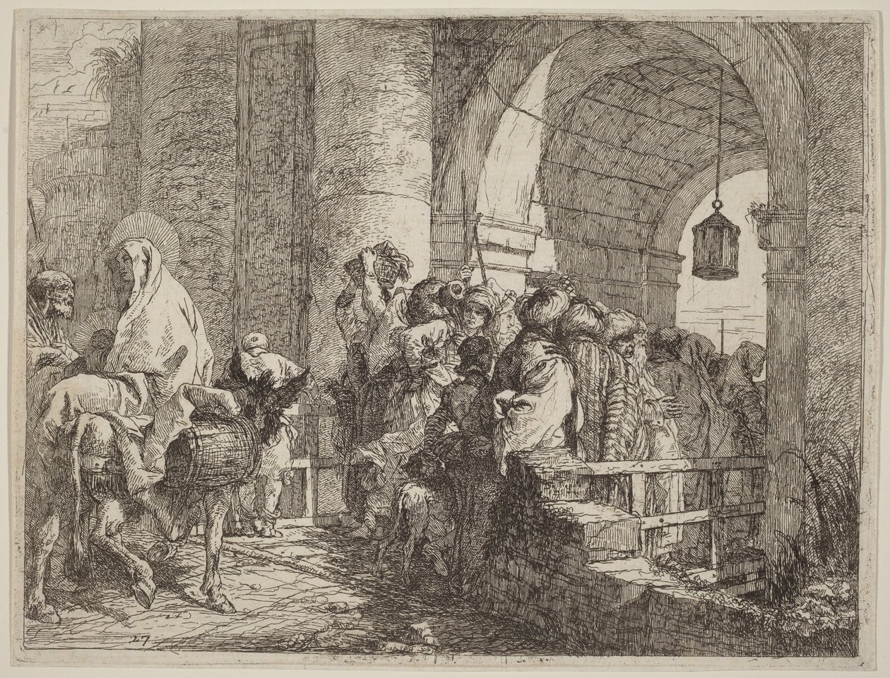 Den heliga familjen anländer till en stadsport av Giovanni Domenico Tiepolo
