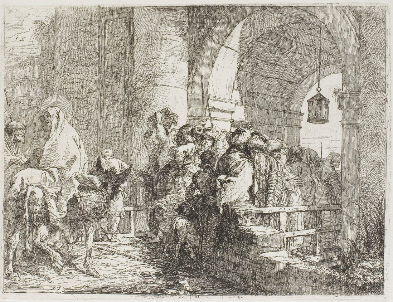 Den heliga familjen anländer till en stadsport, skylt 27 från The Flight into Egypt av Giovanni Domenico Tiepolo