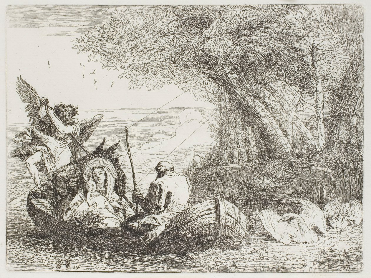 The Holy Family Crossing the Lake in the Boat, skylt sjutton från The Flight into Egypt av Giovanni Domenico Tiepolo