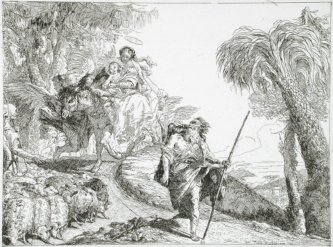 Den heliga familjen på väg nedför en skogsstig, nära en hjord och några herdar av Giovanni Domenico Tiepolo